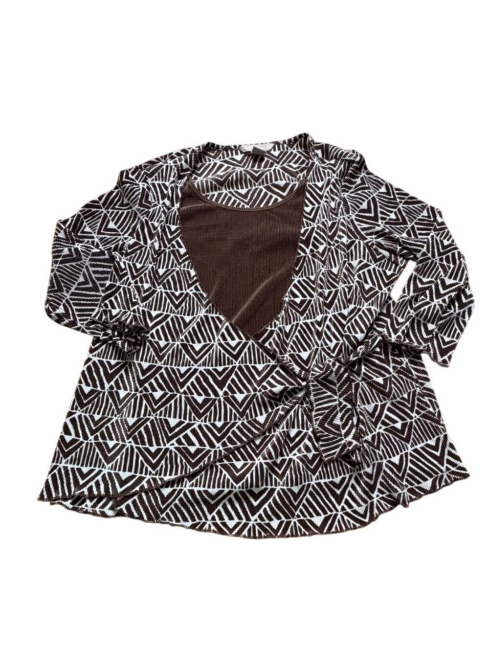 TanJay Womens Geometric Blouse W/ Wrap Style FRont-Brown/White-L-GUC